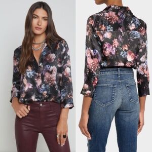 NWT L'AGENCE Dani three quarter sleeve blouse 'Vintage Oil Flower'/black -M